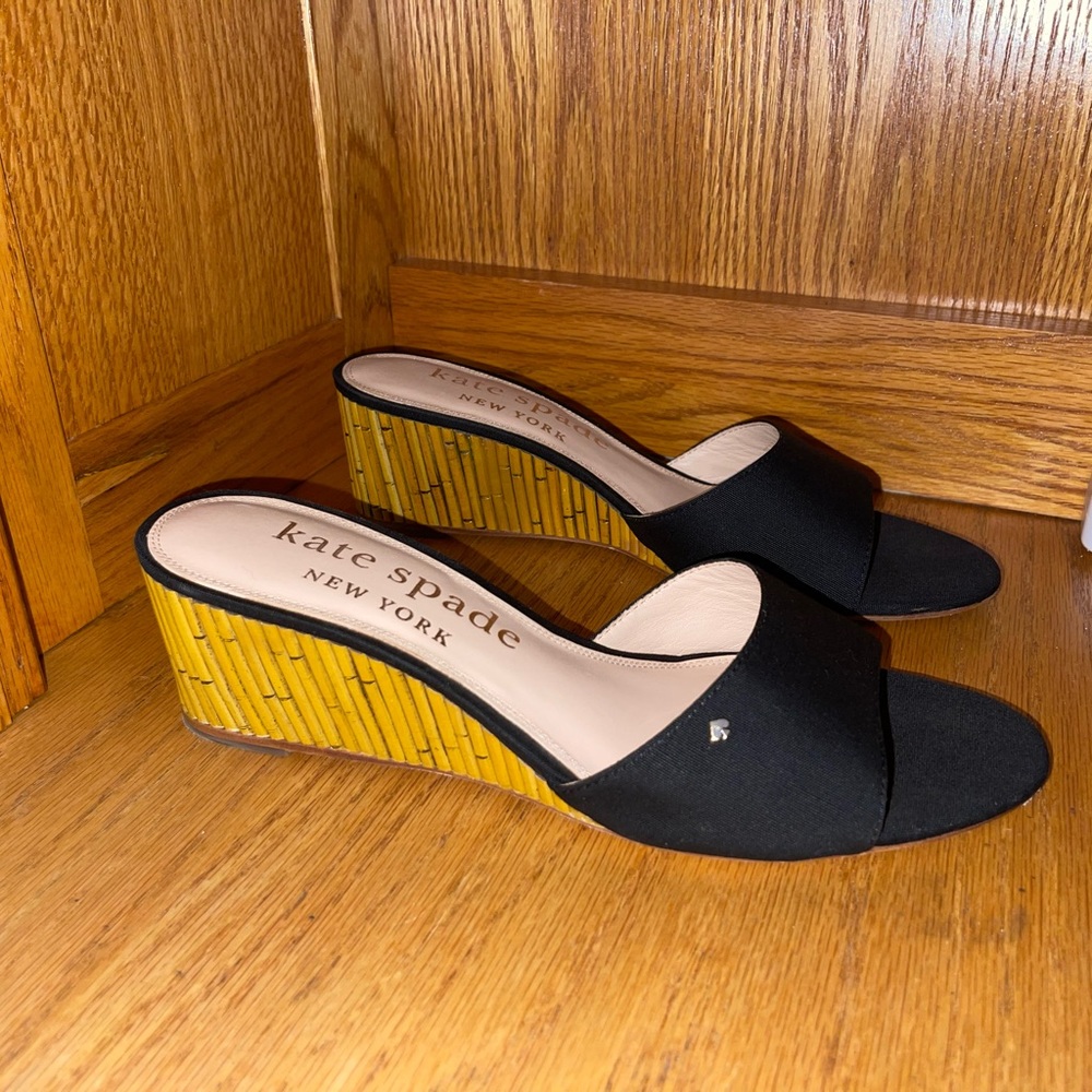 Kate Spade Black and Gold Wedge Sandals